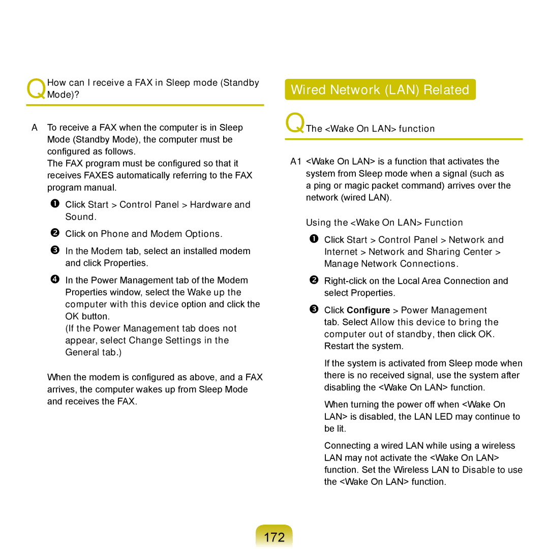 Samsung R71, R70 manual Wired Network LAN Related, 172, QHow can I receive a FAX in Sleep mode Standby Mode? 