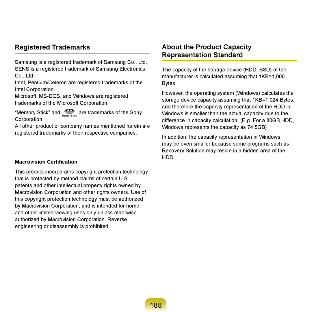 Samsung R71, R70 188, Registered Trademarks, About the Product Capacity Representation Standard, Macrovision Certification 