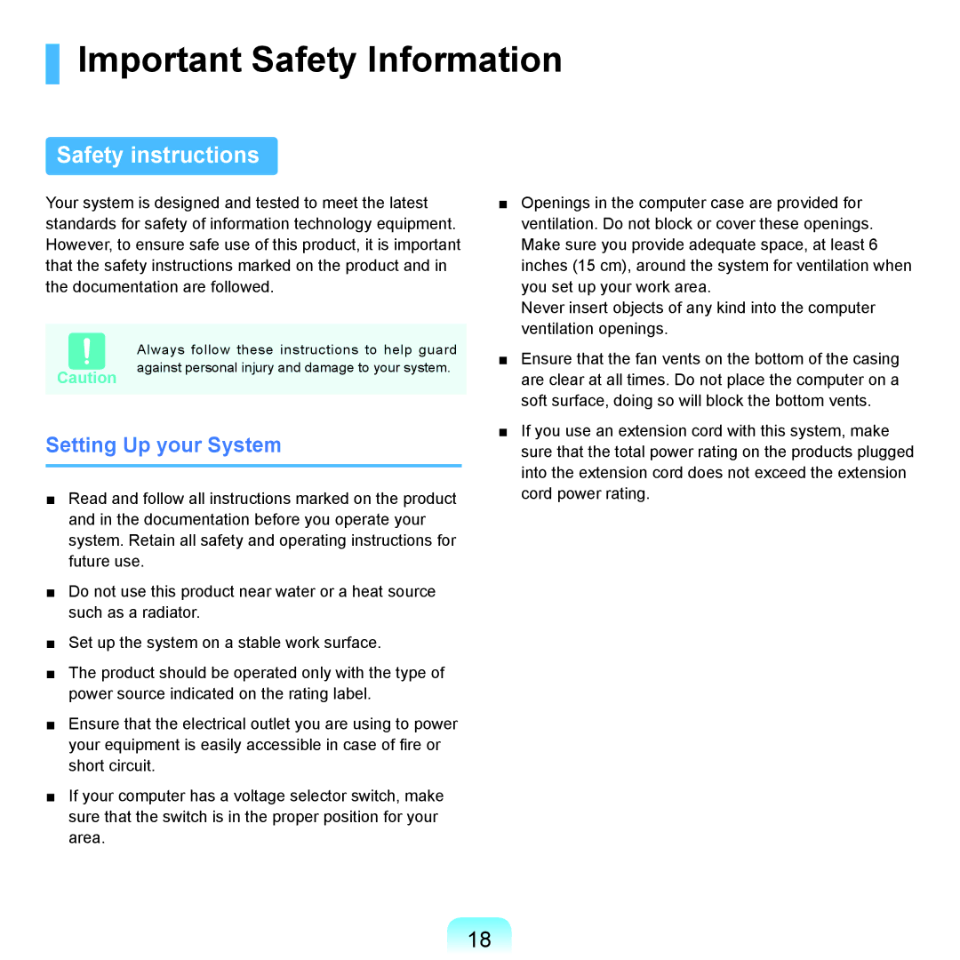 Samsung R71, R70 manual Important Safety Information, Safety instructions 