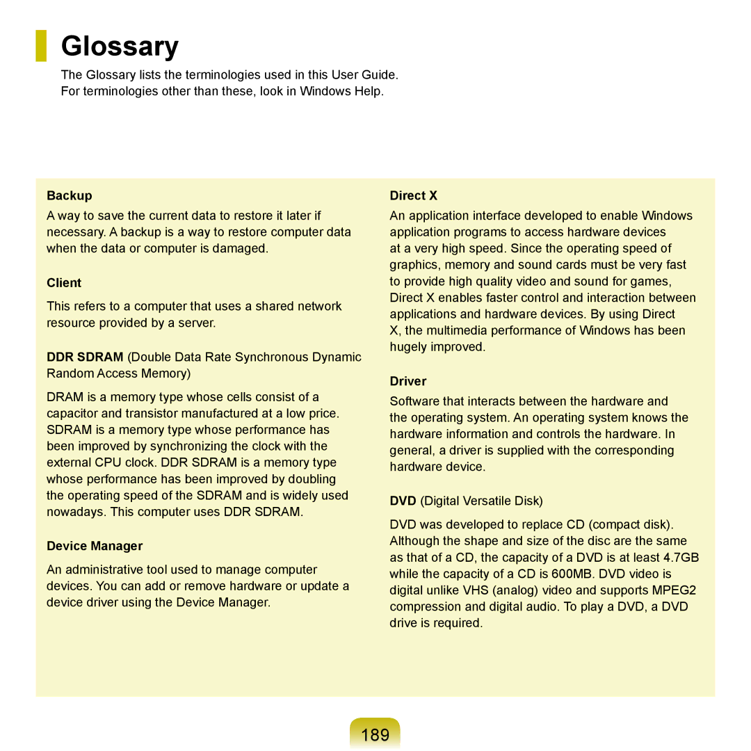 Samsung R70, R71 manual Glossary, 189 