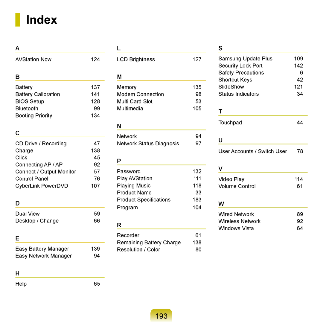 Samsung R70, R71 manual Index, 193 