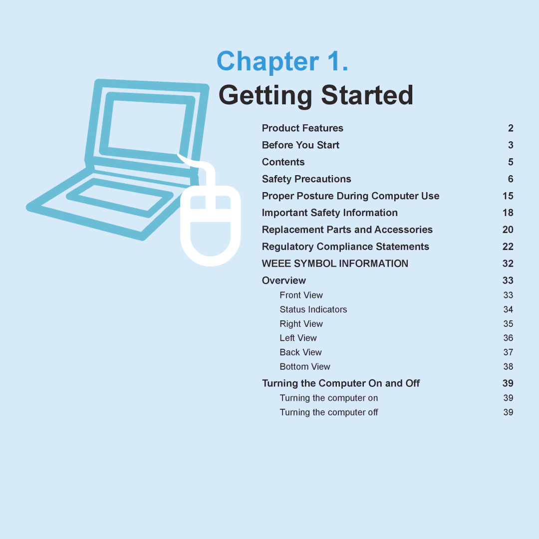 Samsung R70, R71 manual Chapter, Turning the computer on Turning the computer off 