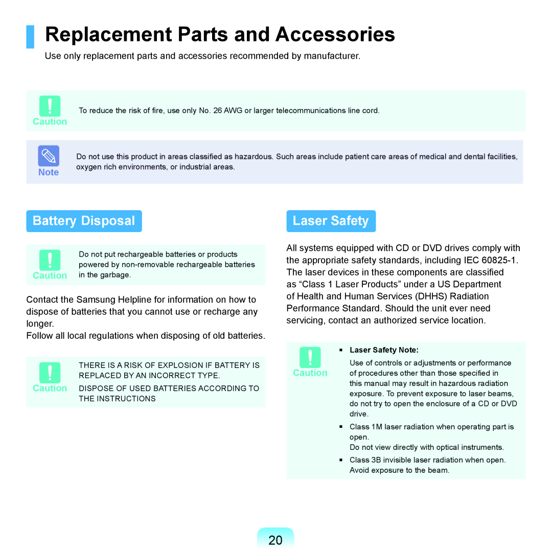 Samsung R71, R70 manual Replacement Parts and Accessories, Battery Disposal, Laser Safety Note 