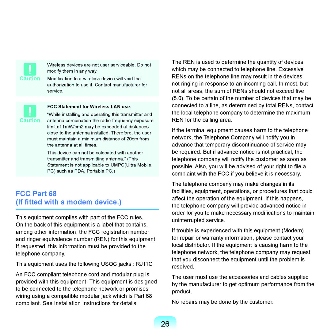 Samsung R71, R70 manual FCC Part If fitted with a modem device, FCC Statement for Wireless LAN use 