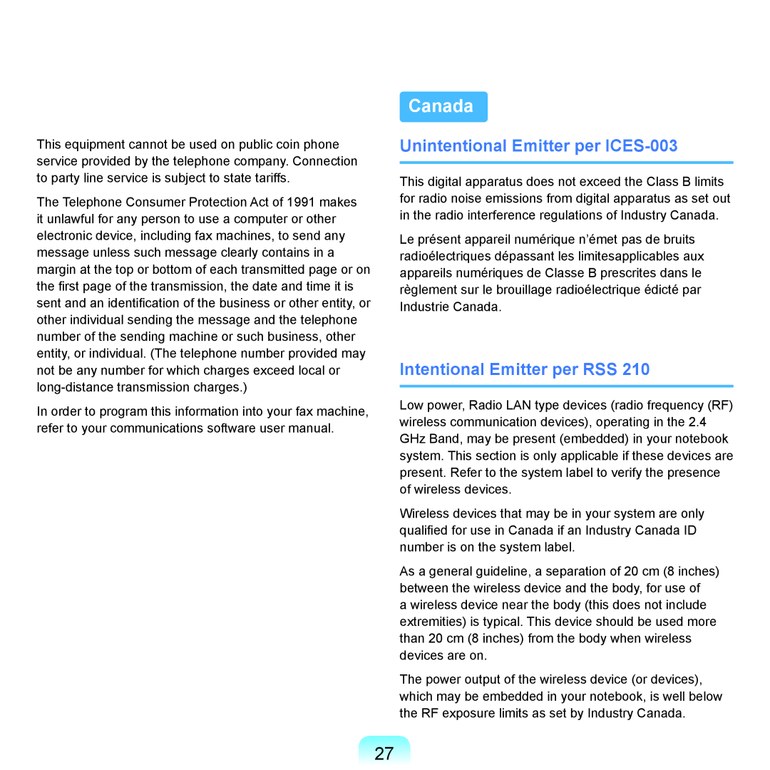 Samsung R70, R71 manual Canada, Unintentional Emitter per ICES-003 