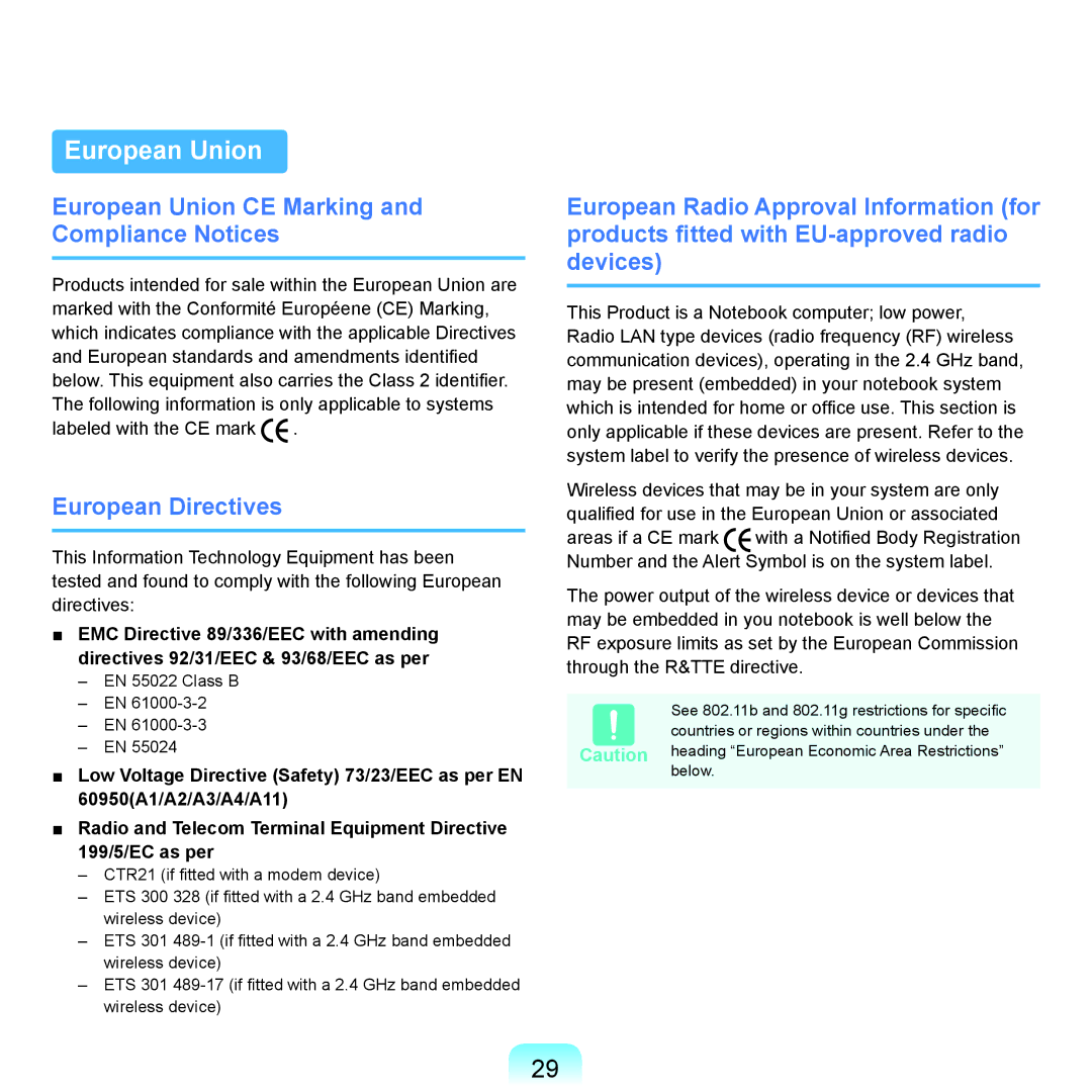 Samsung R70, R71 manual European Union CE Marking and Compliance Notices 