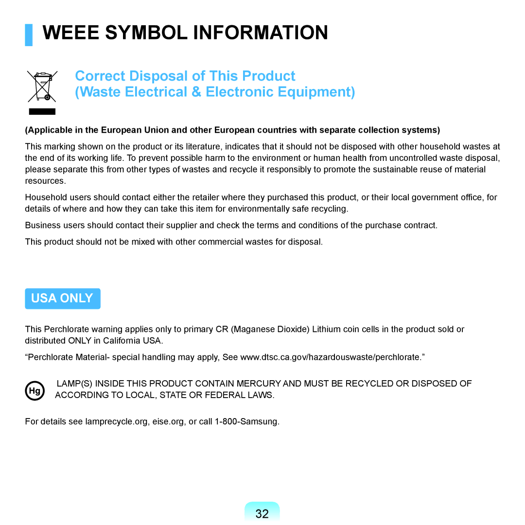 Samsung R71, R70 manual Weee Symbol Information 