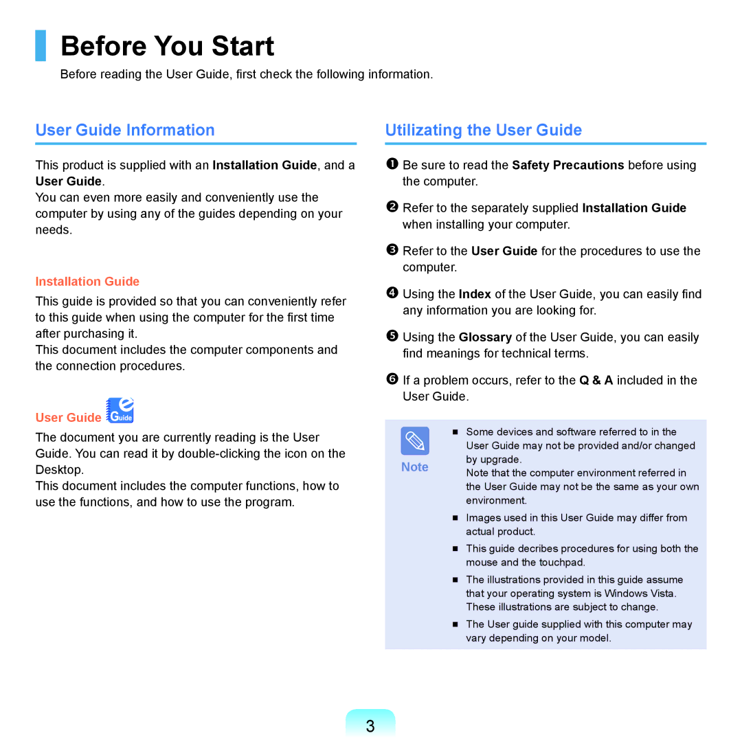 Samsung R70, R71 manual Before You Start, User Guide Information 