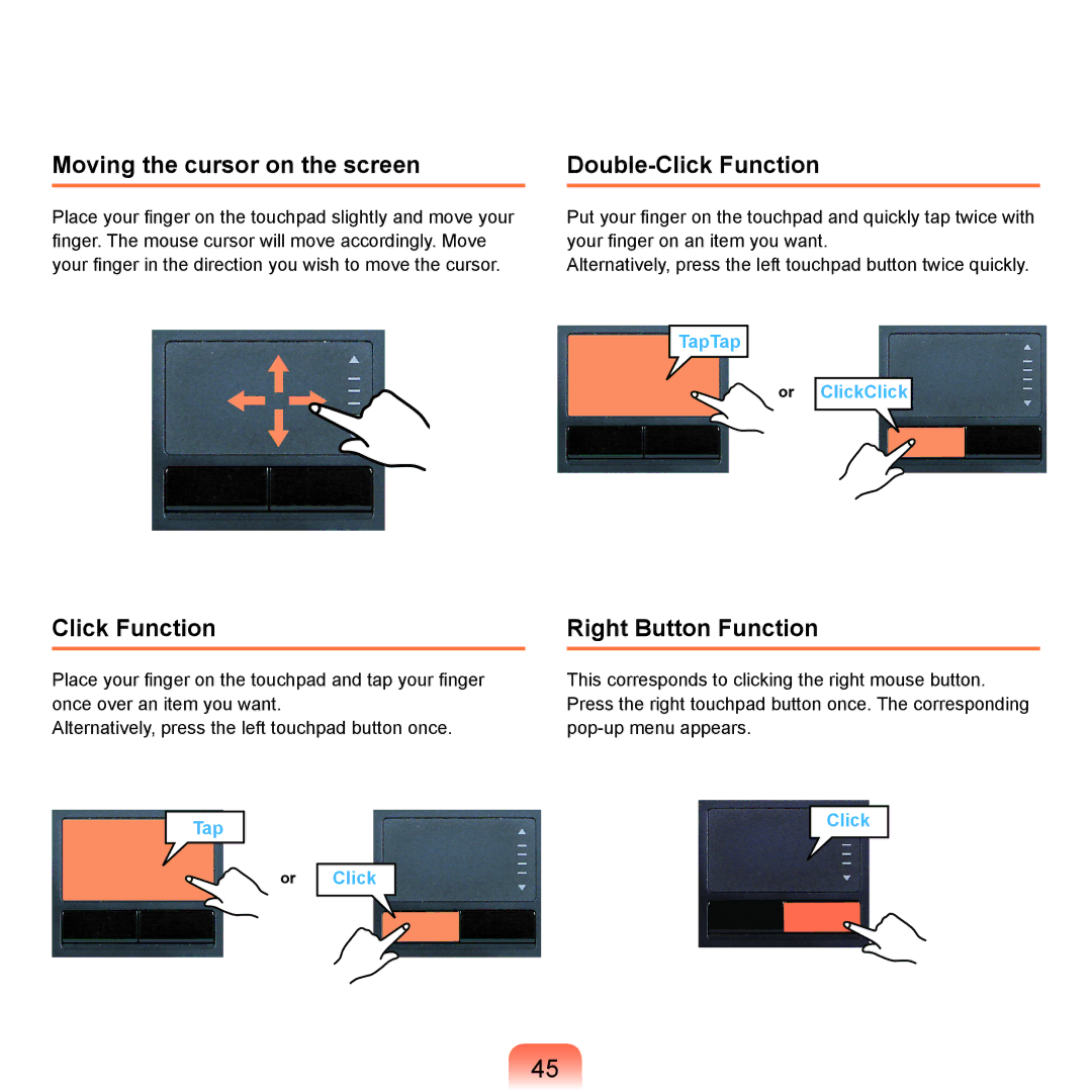 Samsung R70, R71 manual Moving the cursor on the screen, Double-Click Function, Right Button Function 