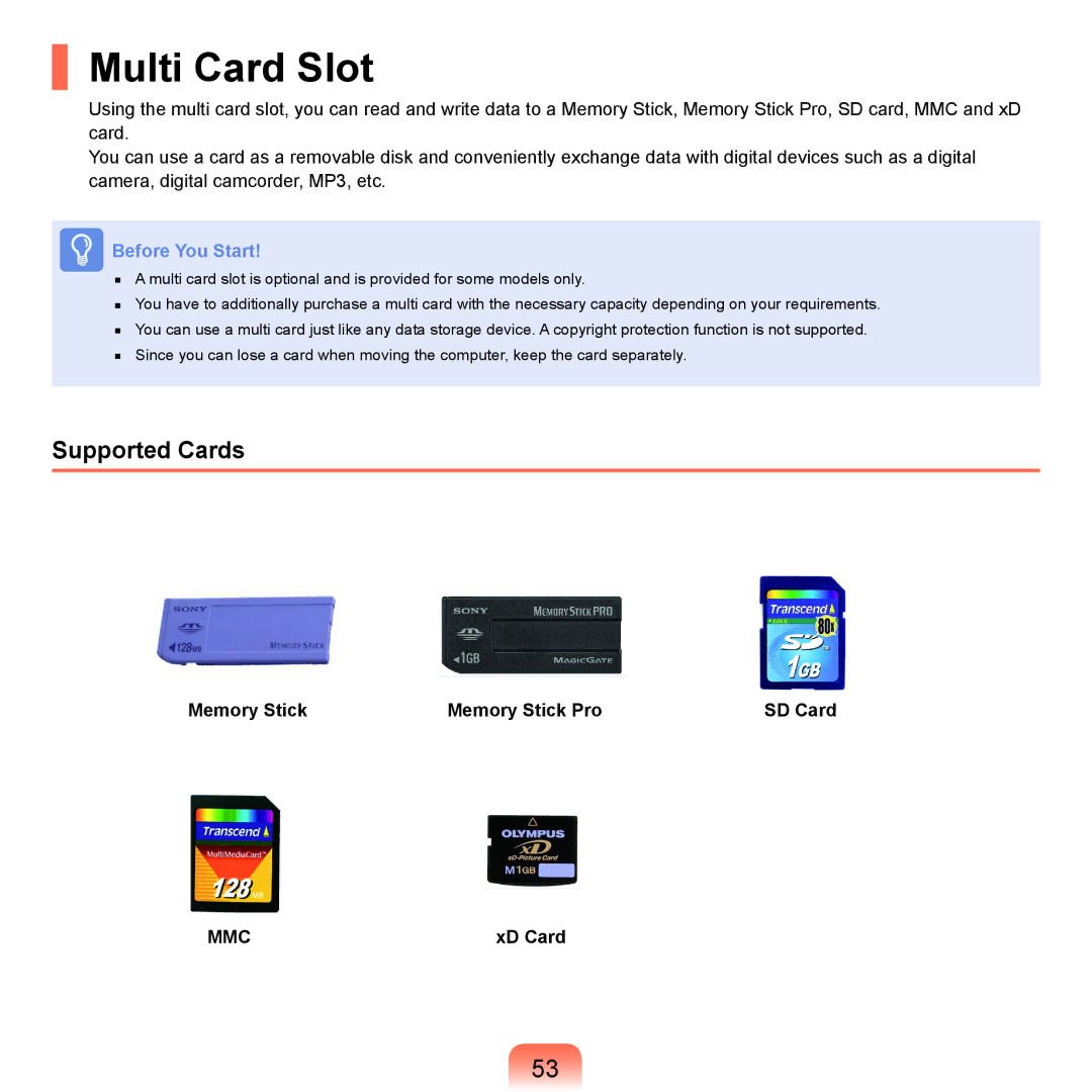 Samsung R70, R71 manual Multi Card Slot, Supported Cards, Memory Stick Memory Stick Pro SD Card, XD Card 