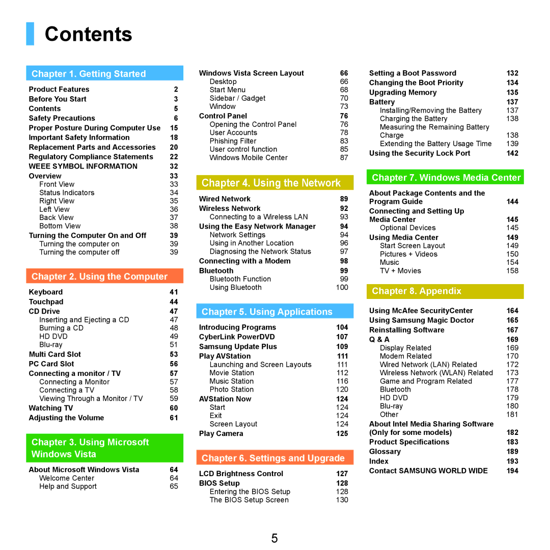 Samsung R70, R71 manual Contents 