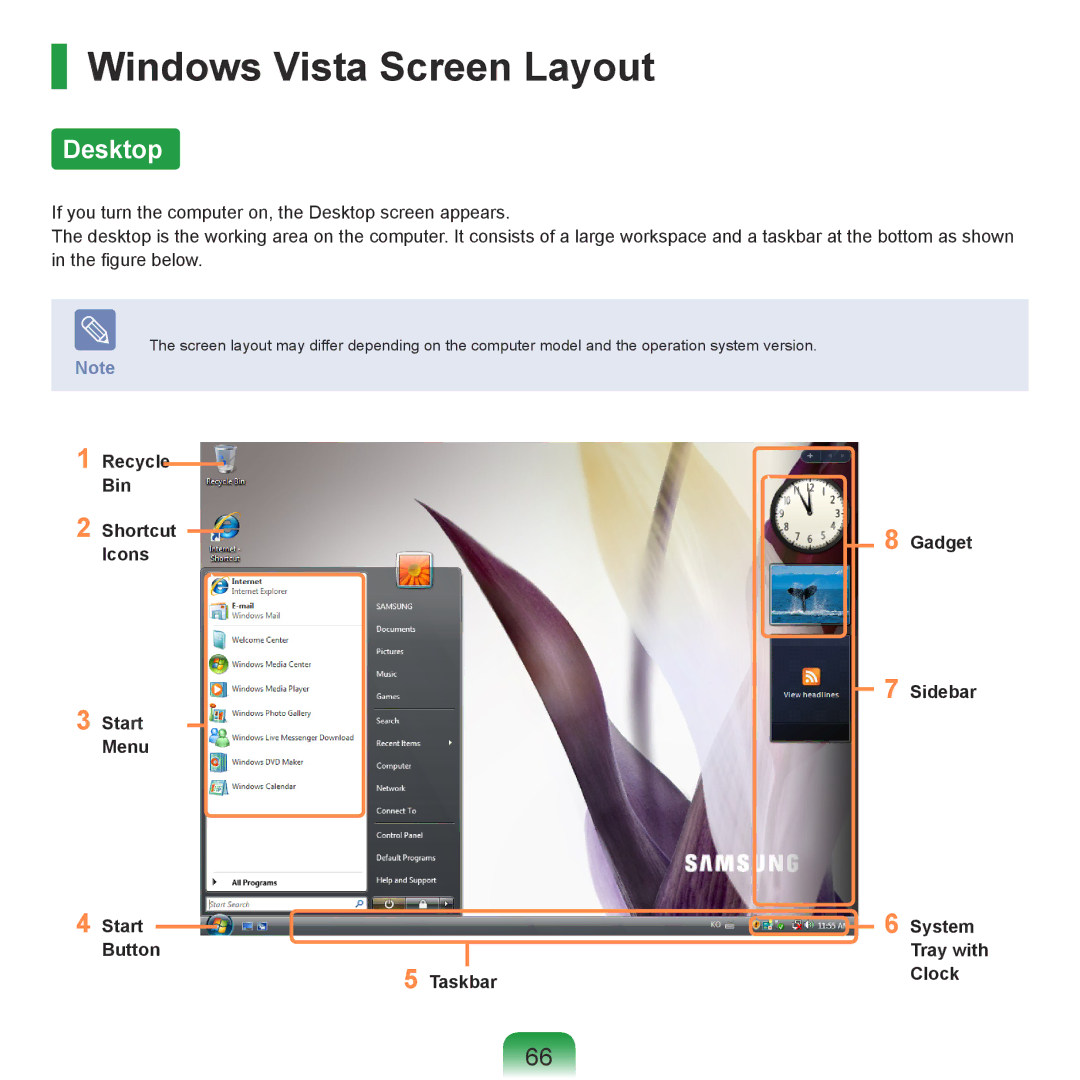 Samsung R71, R70 manual Windows Vista Screen Layout, Desktop, Taskbar Clock 