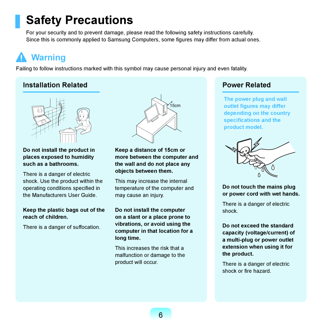 Samsung R71 Safety Precautions, Installation Related Power Related, Keep the plastic bags out of the reach of children 