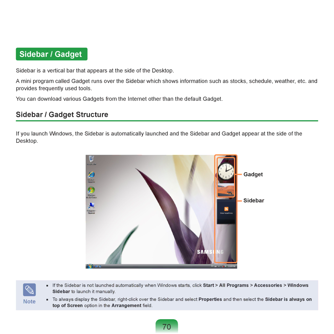 Samsung R71, R70 manual Sidebar / Gadget Structure, Gadget Sidebar, Top of Screen option in the Arrangement field 