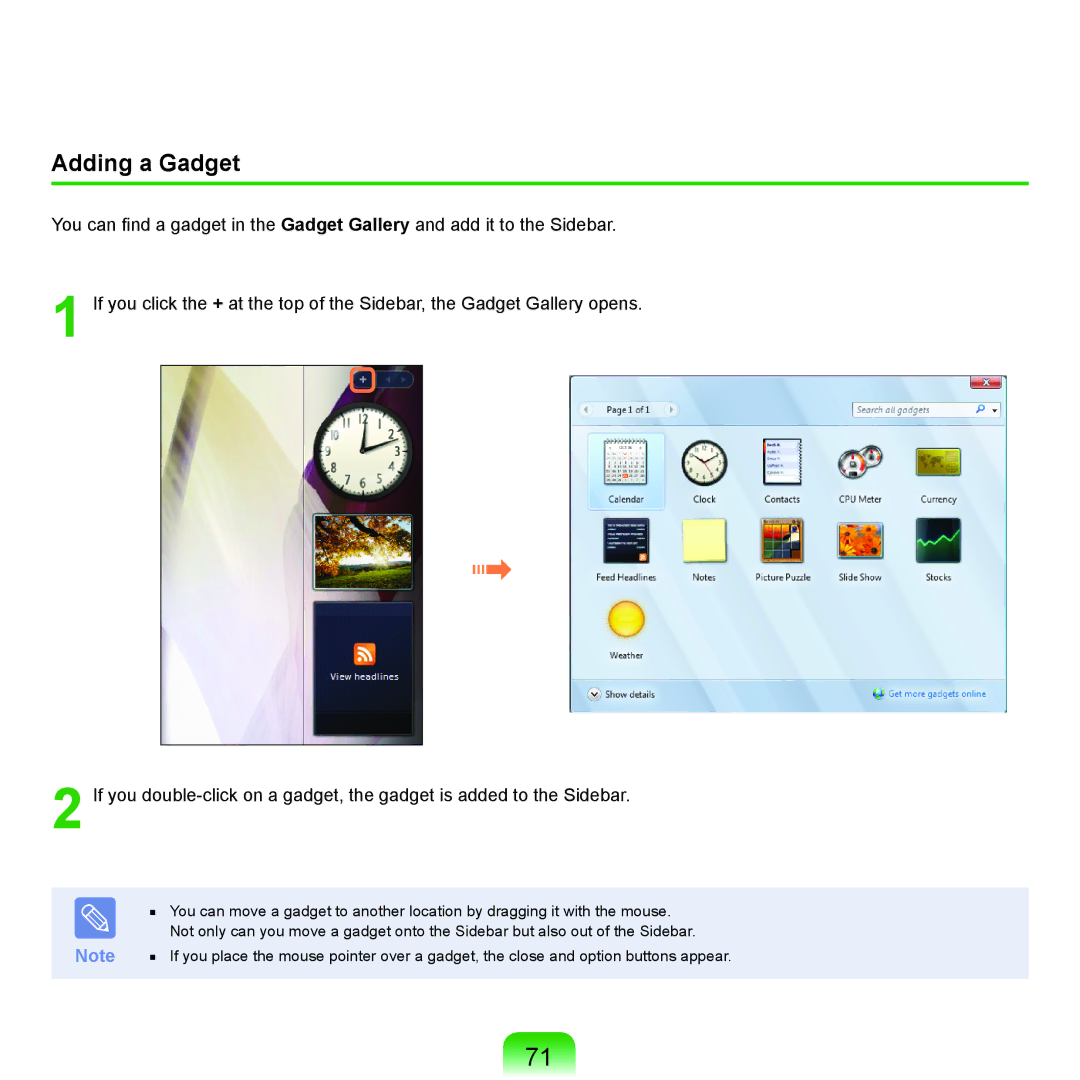 Samsung R70, R71 manual Adding a Gadget 