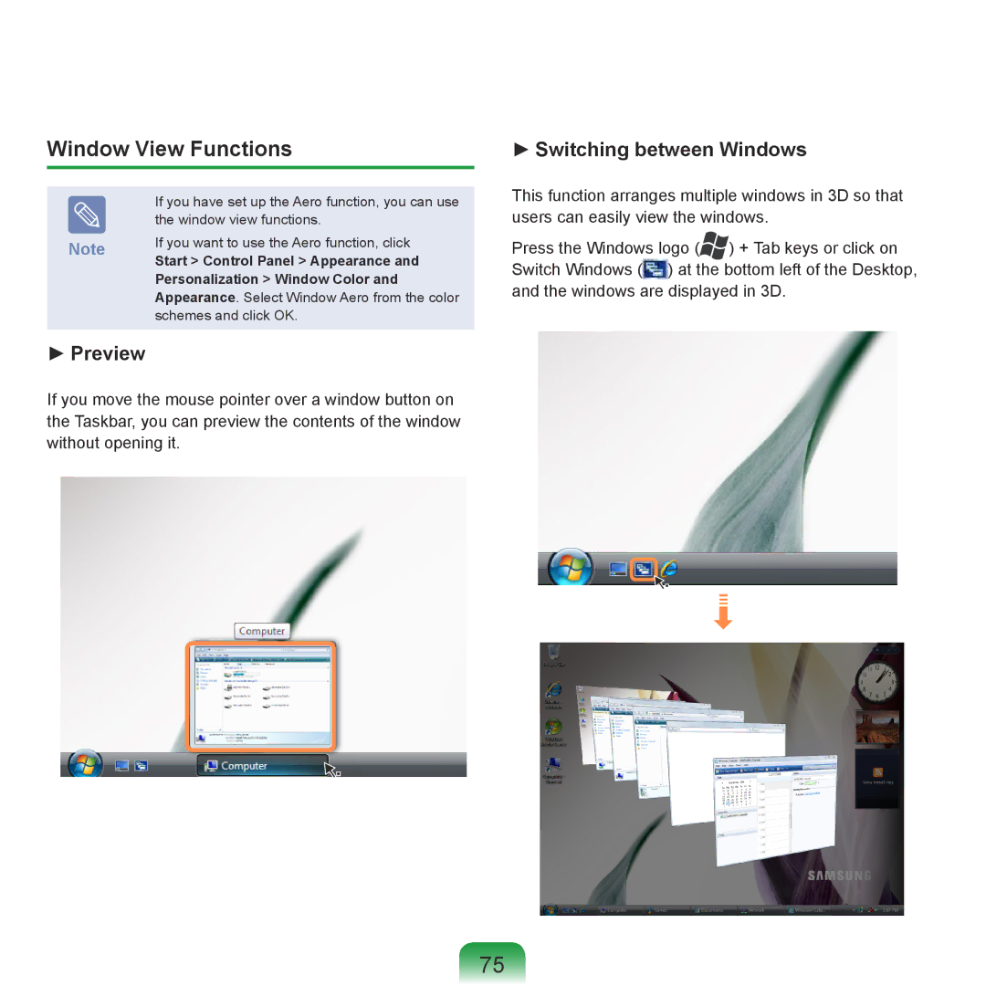 Samsung R70, R71 manual Window View Functions, Start Control Panel Appearance, Personalization Window Color 