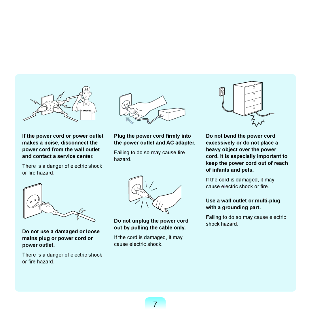 Samsung R70, R71 manual Do not unplug the power cord out by pulling the cable only 