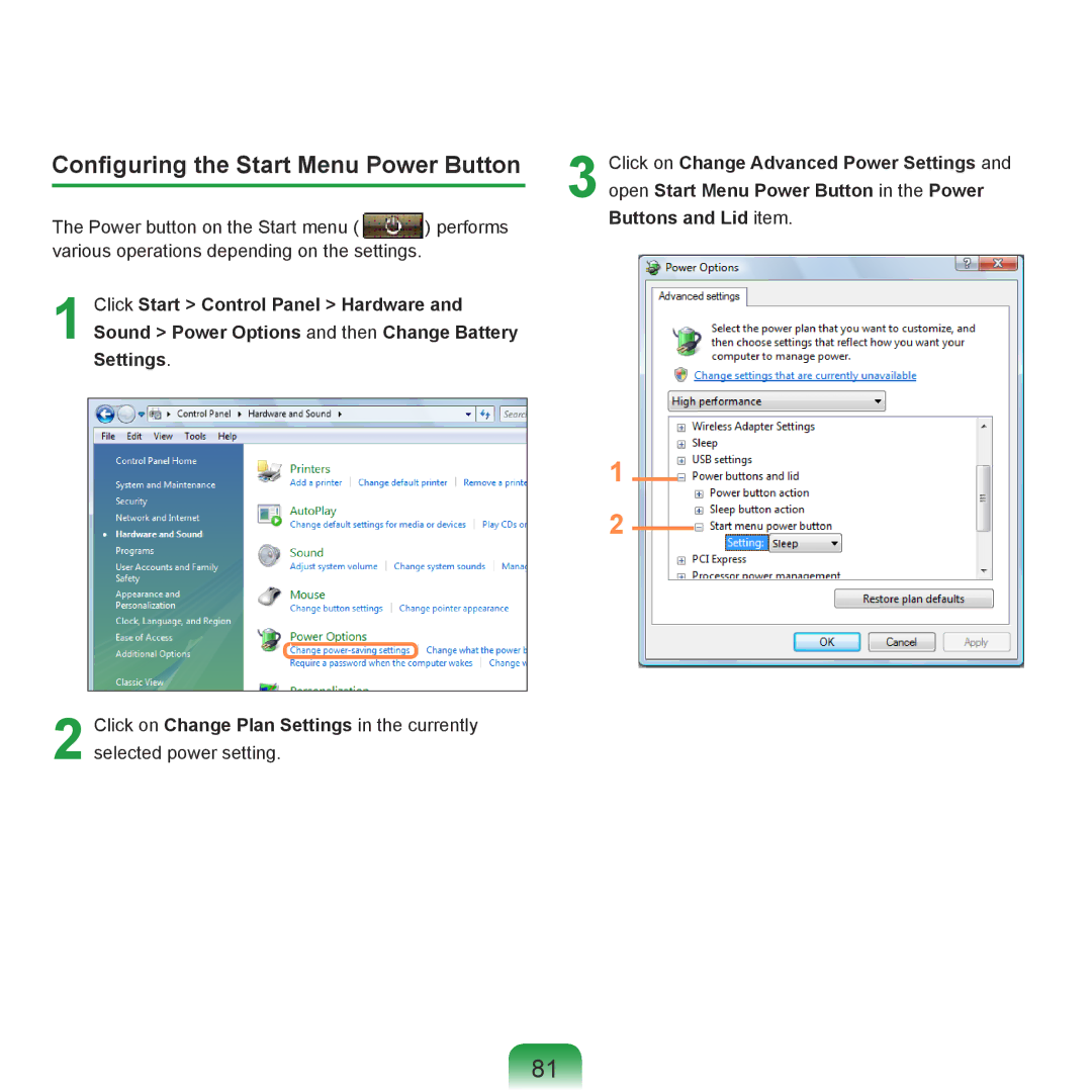 Samsung R70, R71 manual Configuring the Start Menu Power Button 