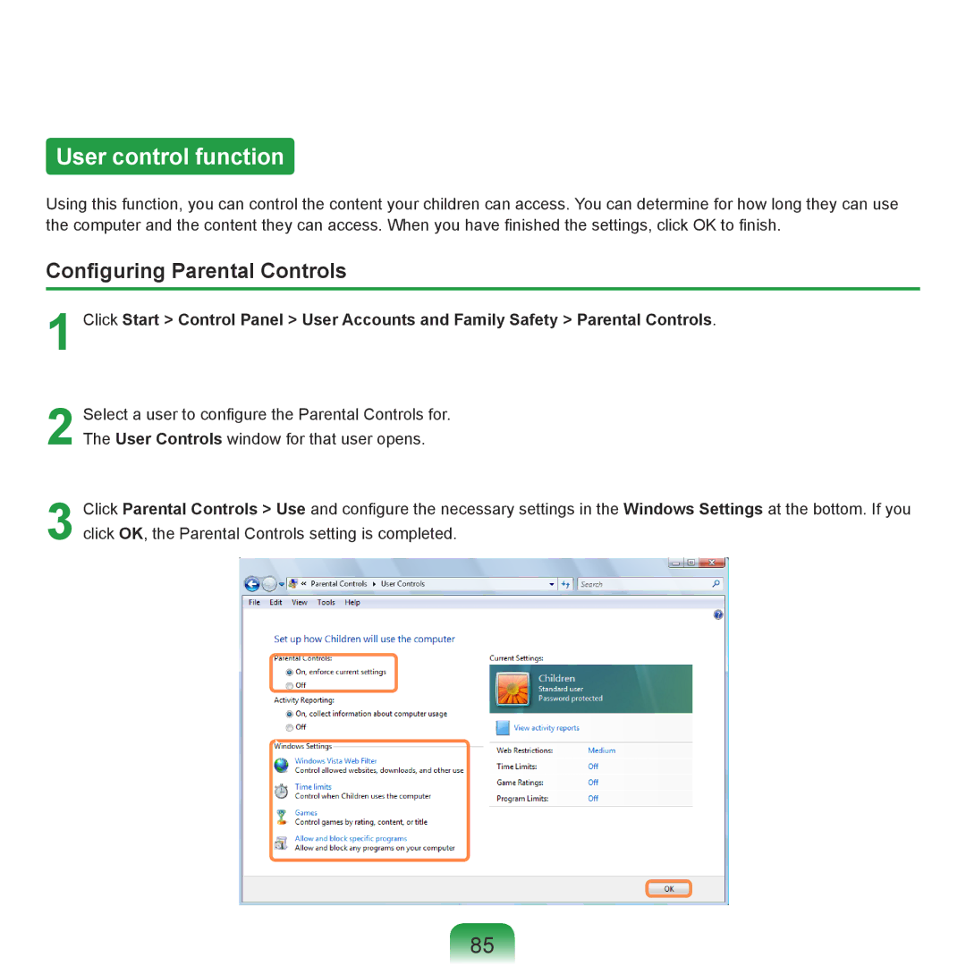 Samsung R70, R71 manual User control function, Configuring Parental Controls 