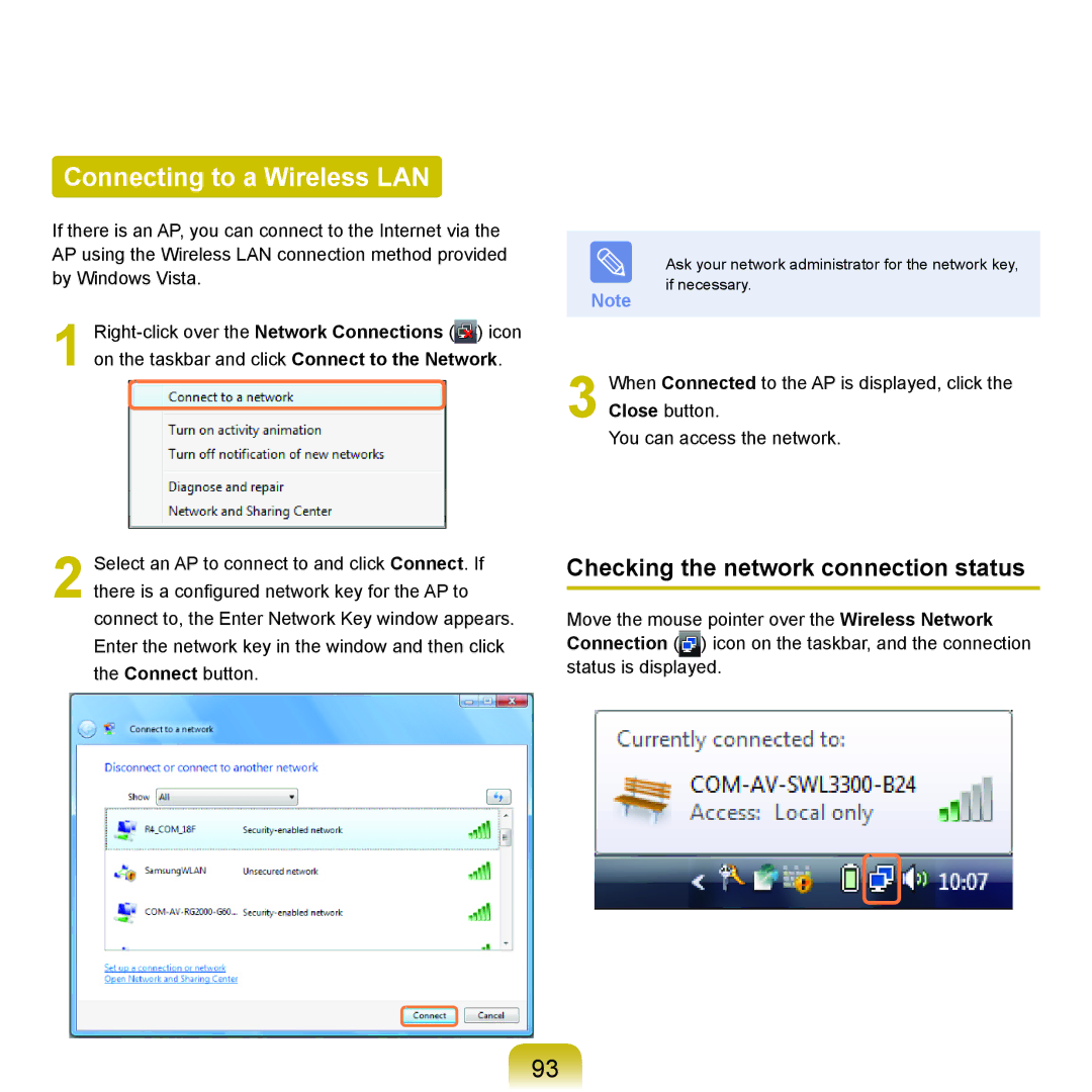 Samsung R70, R71 manual Connecting to a Wireless LAN, Checking the network connection status 