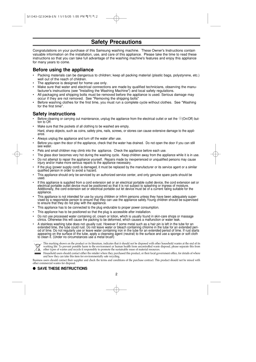 Samsung R843GW/XEH manual Safety Precautions, Before using the appliance, Safety instructions 