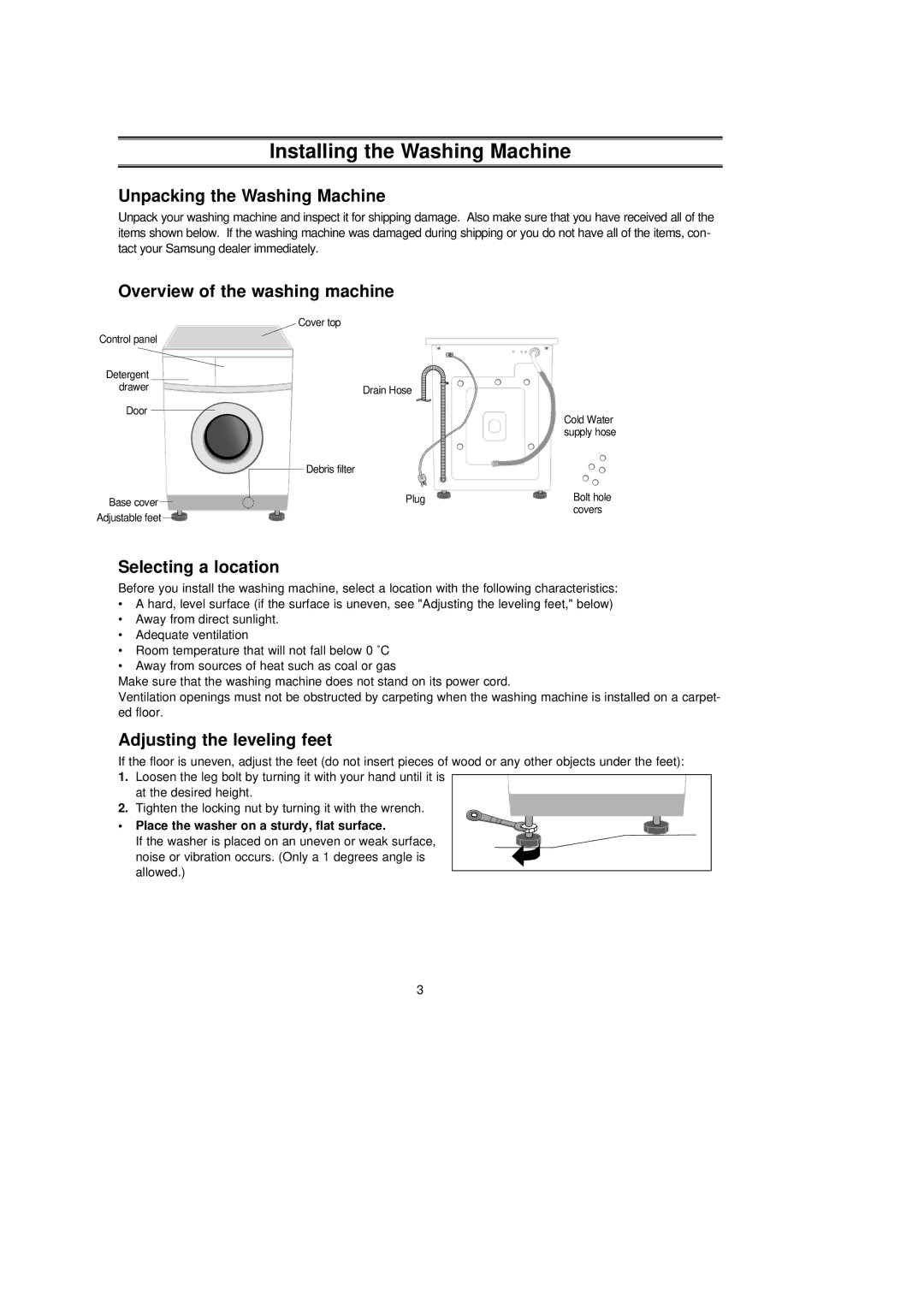 Samsung R843GW/XEH manual Installing the Washing Machine, Unpacking the Washing Machine, Overview of the washing machine 