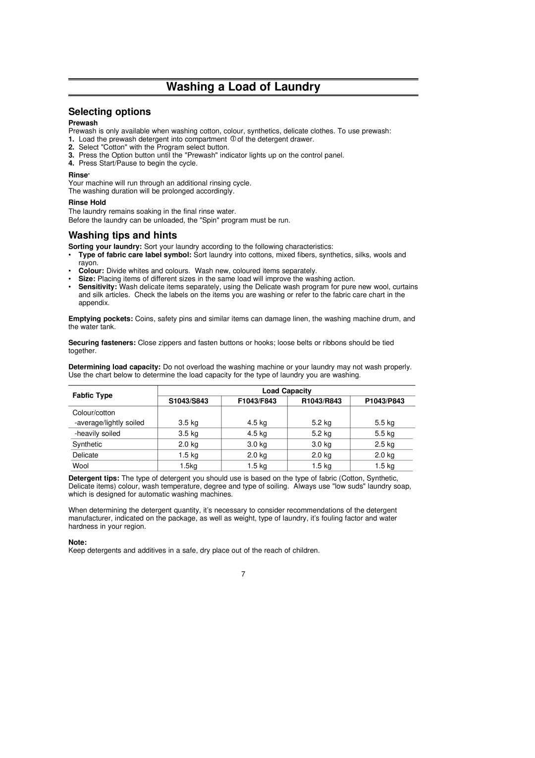 Samsung R843GW/XEH manual Selecting options, Washing tips and hints 