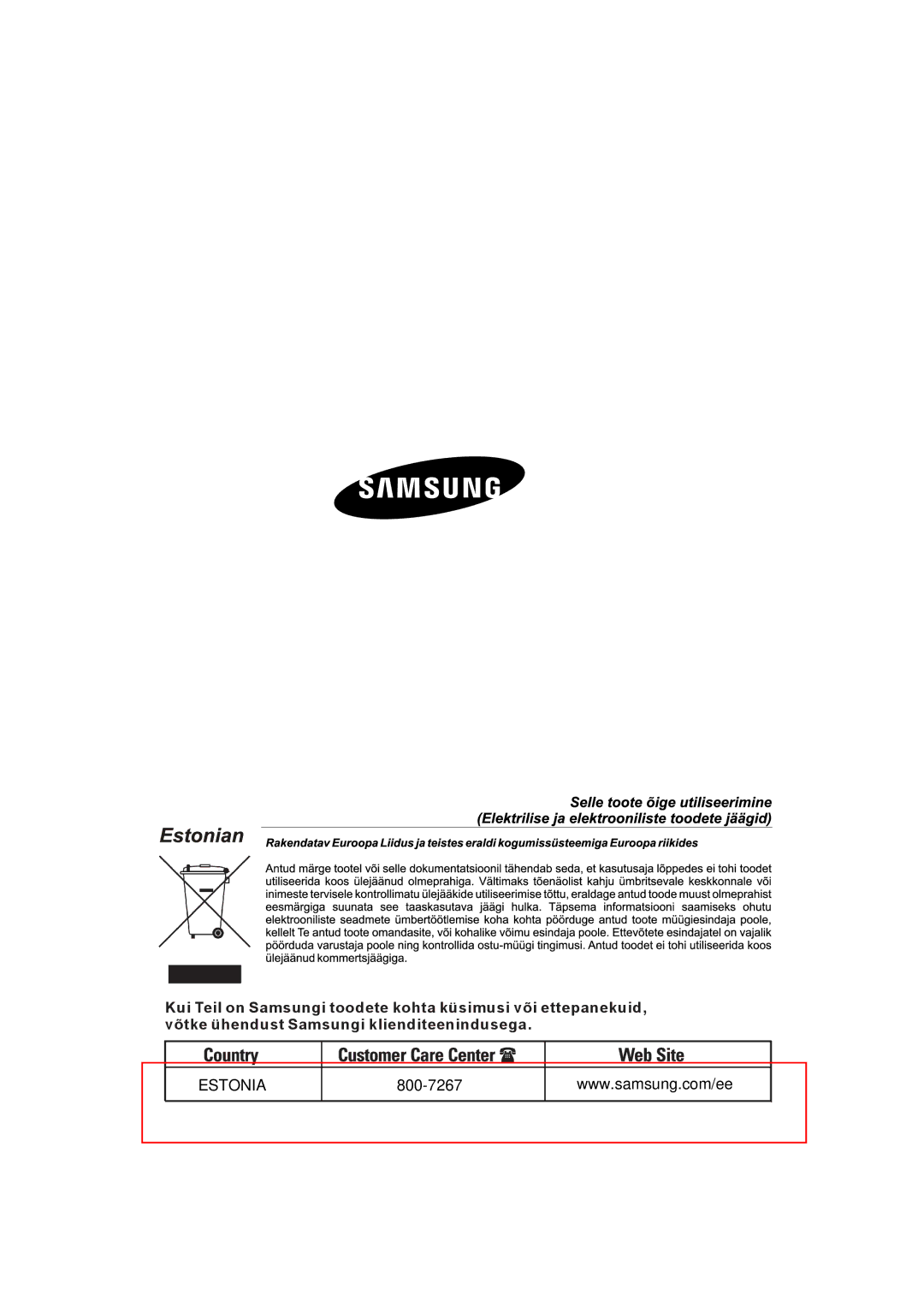 Samsung RA12CCSWQN/XEF, RA06CCSWQN/EUR, RA15CCSWQN/EUR manual Estonia 