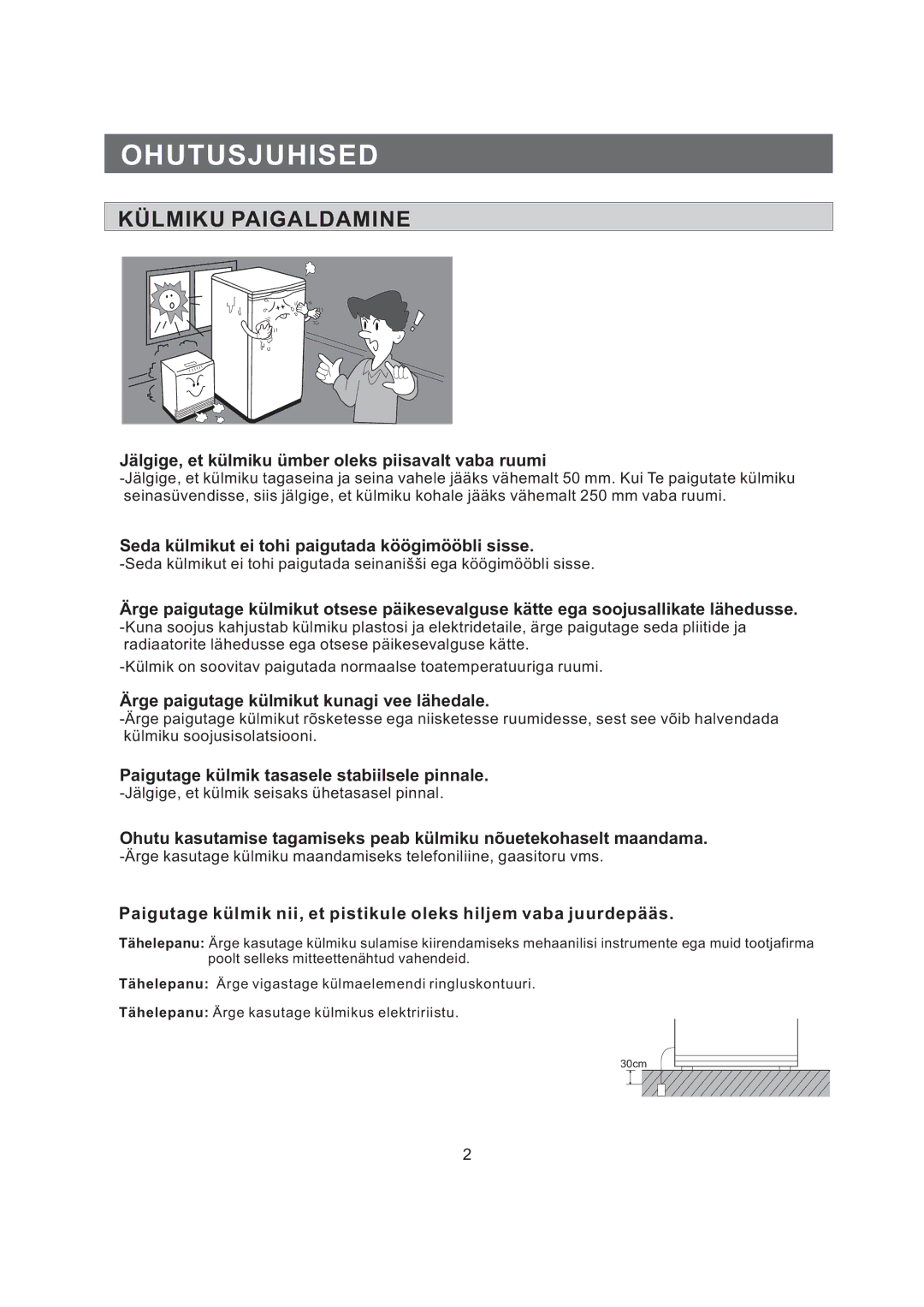 Samsung RA12CCSWQN/XEF, RA06CCSWQN/EUR, RA15CCSWQN/EUR manual Ohutusjuhised, Külmiku Paigaldamine 