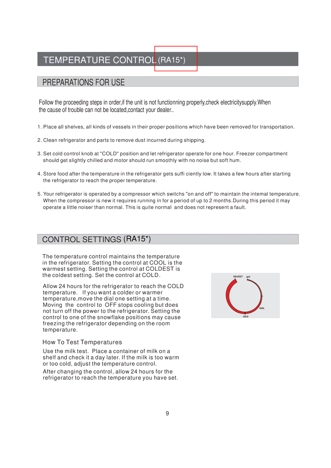 Samsung RA15CCSWQN/EUR manual Temperature CONTROLRA15, Control Settings RA15 