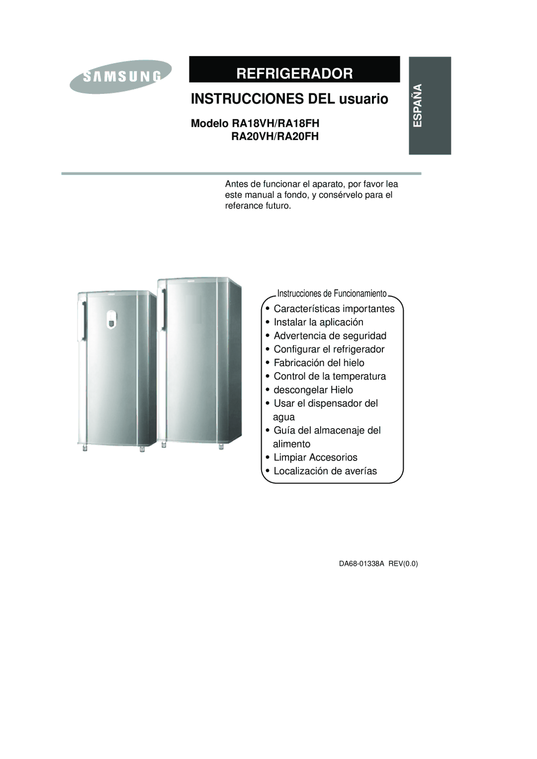 Samsung RA18FHSS1/CHA, RA18FHSW1/CHA manual Refrigerador, Modelo RA18VH/RA18FH 