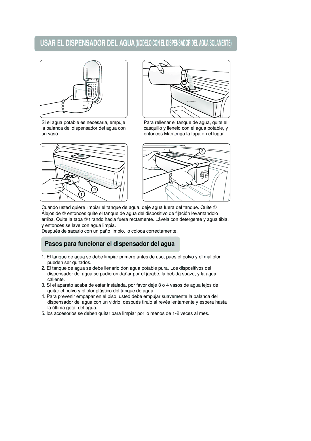 Samsung RA18FHSW1/CHA, RA18FHSS1/CHA manual Pasos para funcionar el dispensador del agua 