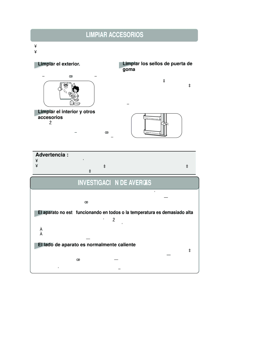 Samsung RA18FHSW1/CHA, RA18FHSS1/CHA manual Limpiar Accesorios, Investigación DE Averías, Advertencia 