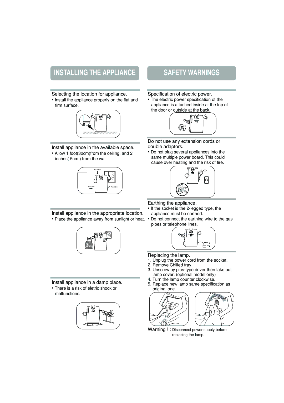 Samsung RA20VHTT2/XST, RA18VHTT3/XSE, RA18FHSS3/XSE, RA20VHNB2/XST, RA20VHSS2/XST Installing the Appliance, Safety Warnings 