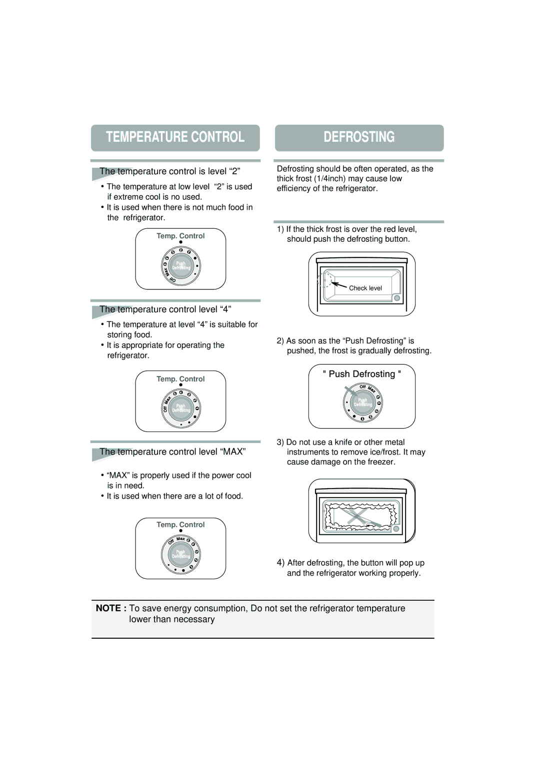 Samsung RA20VHSS1/BUL manual Defrosting, Temperature Control, Temperature control is level, Temperature control level 