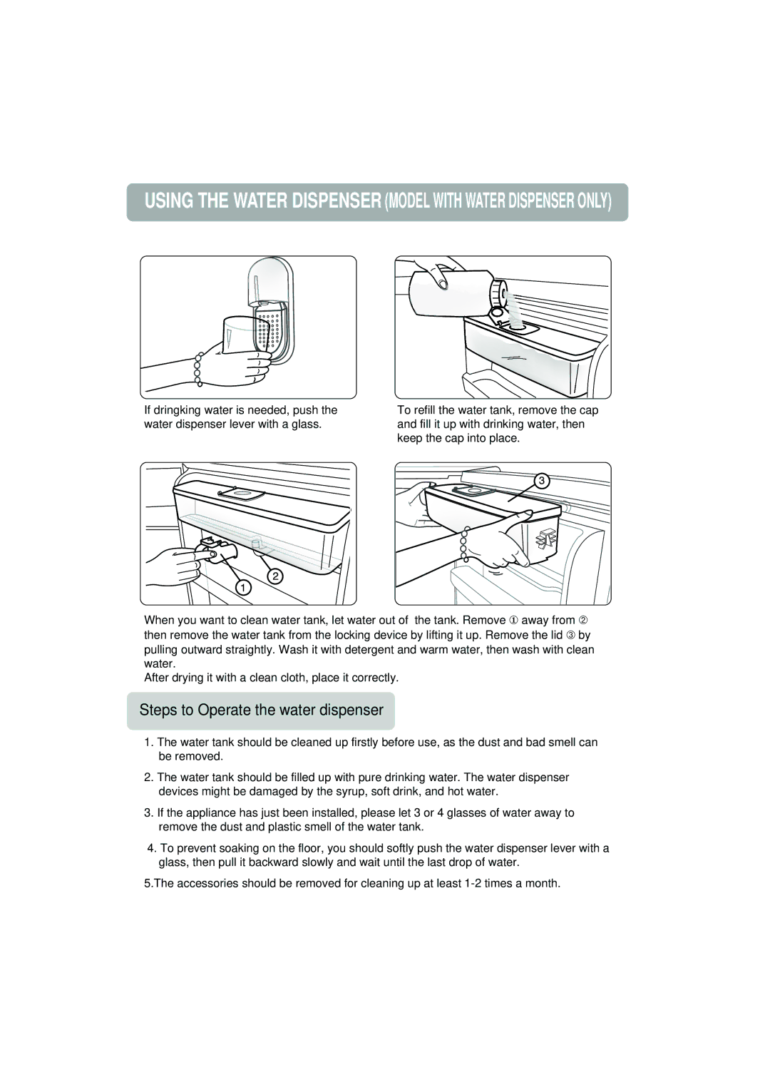 Samsung RA20VHSS1/XEH Using the Water Dispenser Model with Water Dispenser only, Steps to Operate the water dispenser 