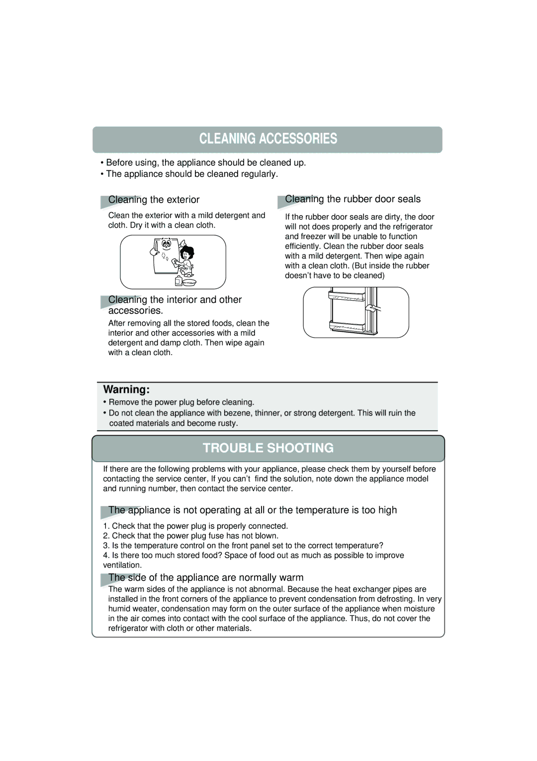 Samsung RA18VHTT3/XSE, RA18FHSS3/XSE, RA20VHNB2/XST, RA20VHTT2/XST, RA20VHSS2/XST manual Cleaning Accessories, Trouble Shooting 