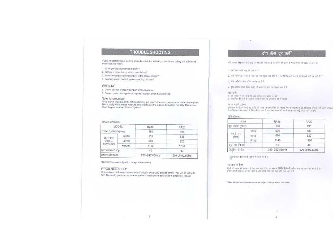 Samsung RA18FHSS1/CHA, RA18VHTT3/XSE, RA18FHSS3/XSE, RA20VHSS1/SAM, RA19VGSS1/CAF, RA20VHNB2/XST, RA20VHSS1/CAF, RA18FHSW1/CHA 