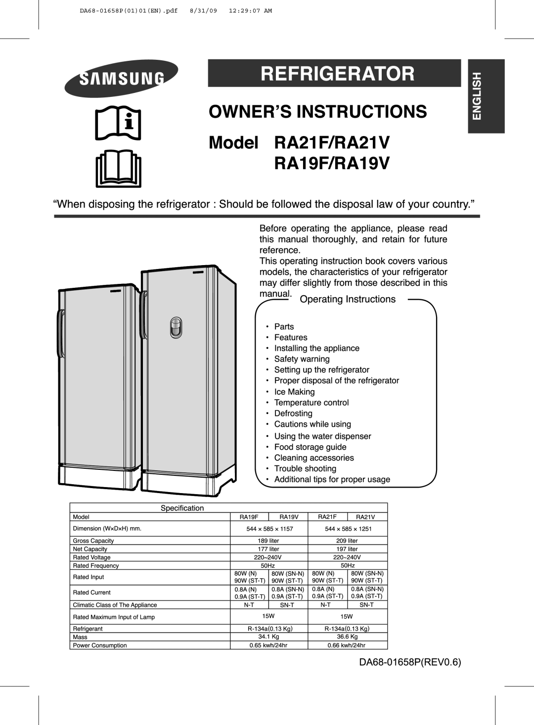 Samsung RA21FASS1/SUT, RA19FCSW1/AIE, RA21FASW1/JUM, RA21FCSW1/GAR, RA19FAAS1/CHA, RA19FASW1/ATC, RA19FASW1/CHA manual 