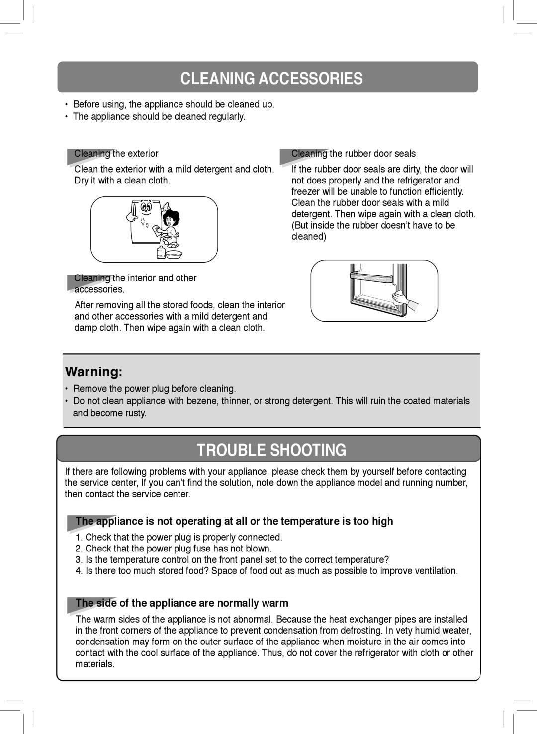 Samsung RA19FCSS1/SUT, RA19FCSW1/AIE, RA21FASS1/SUT, RA21FASW1/JUM, RA21FCSW1/GAR manual Cleaning Accessories, Trouble Shooting 