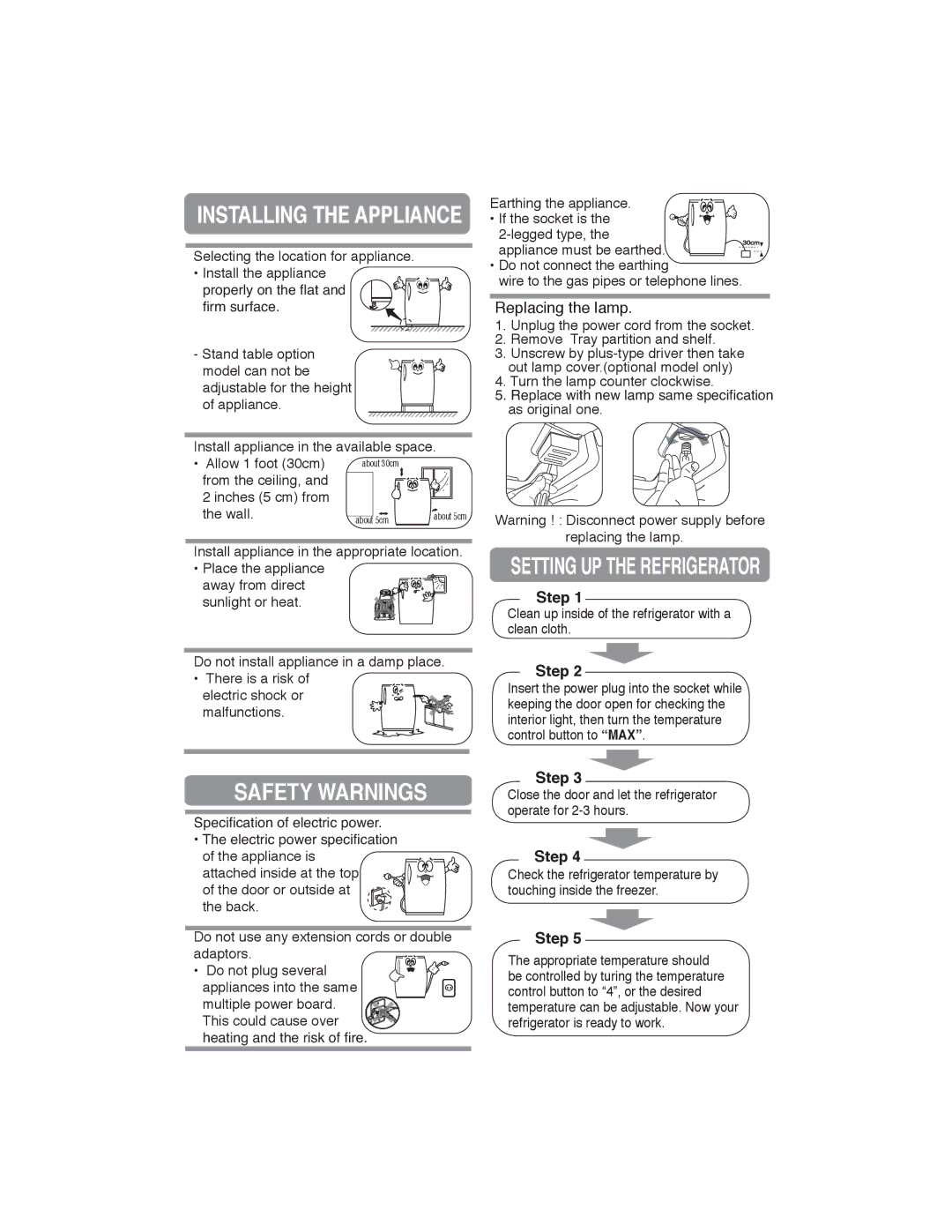 Samsung RA21F/RA21V, RA19F/RA19V manual Setting UP the Refrigerator, Safety Warnings, Replacing the lamp, Step 