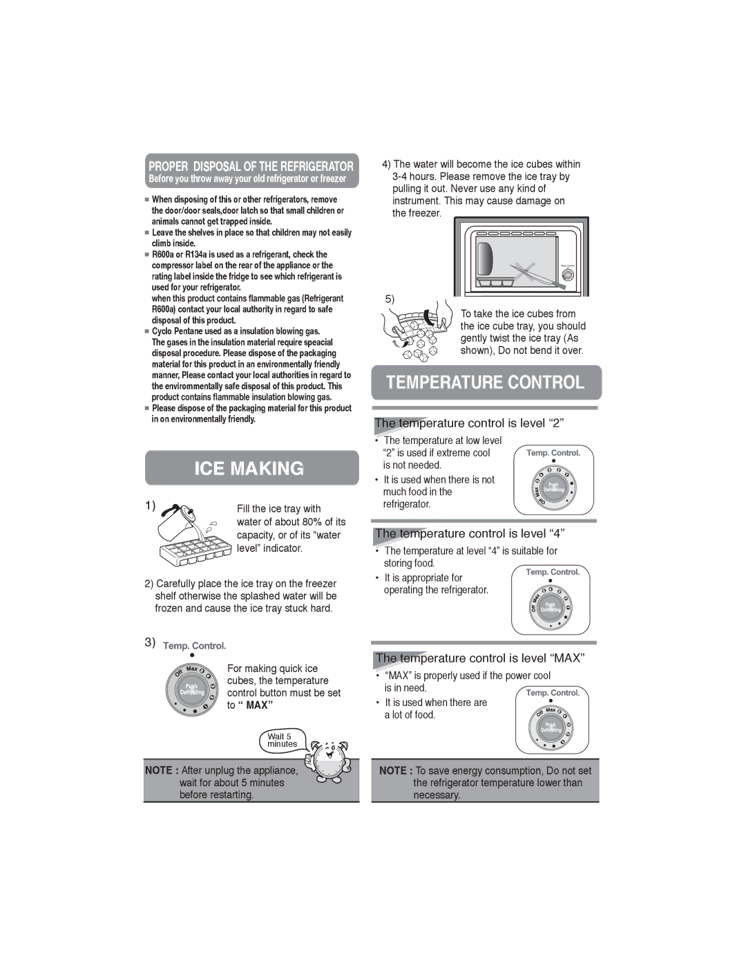 Samsung RA19F/RA19V, RA21F/RA21V manual ICE Making, Temperature Control, Temperature control is level MAX 