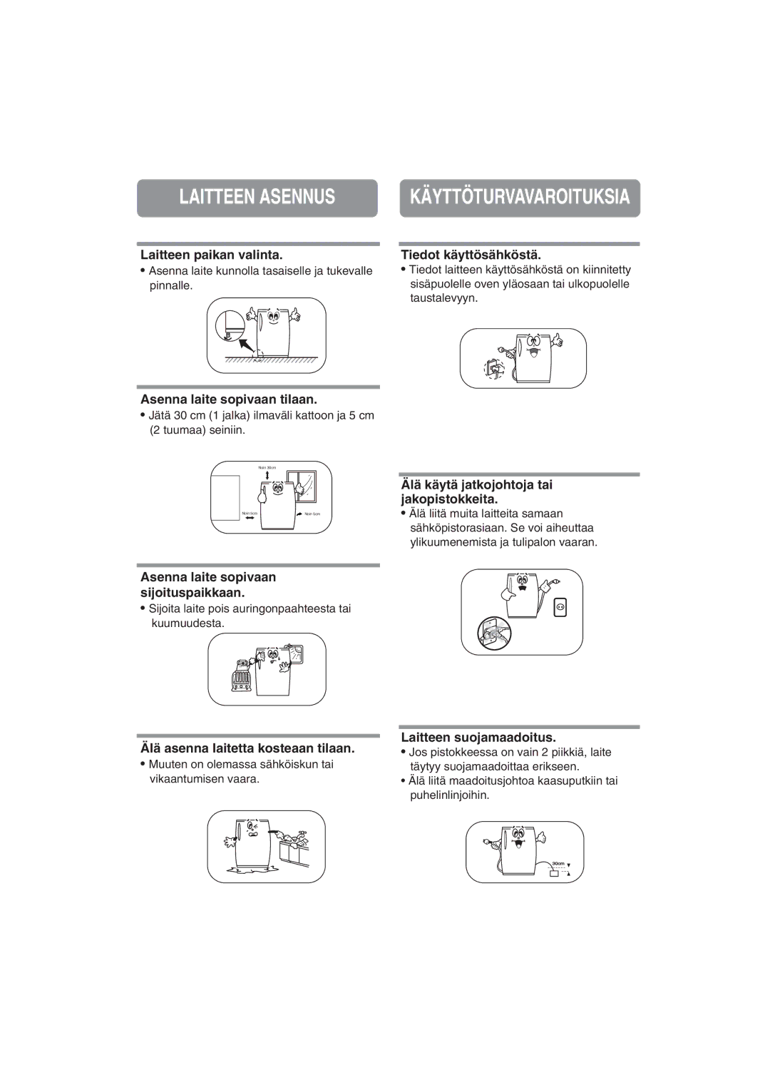 Samsung RA20FHSS1/XEE, RA20FHSW1/XEE manual Laitteen Asennus, Käyttöturvavaroituksia 