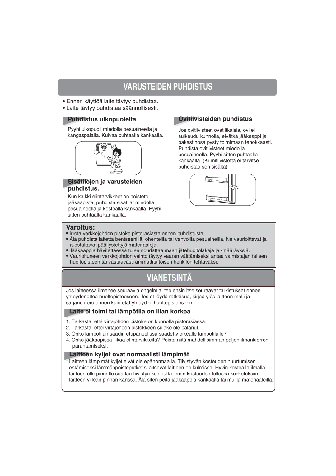 Samsung RA20FHSW1/XEE, RA20FHSS1/XEE manual Varusteiden Puhdistus, Vianetsintä, Varoitus 