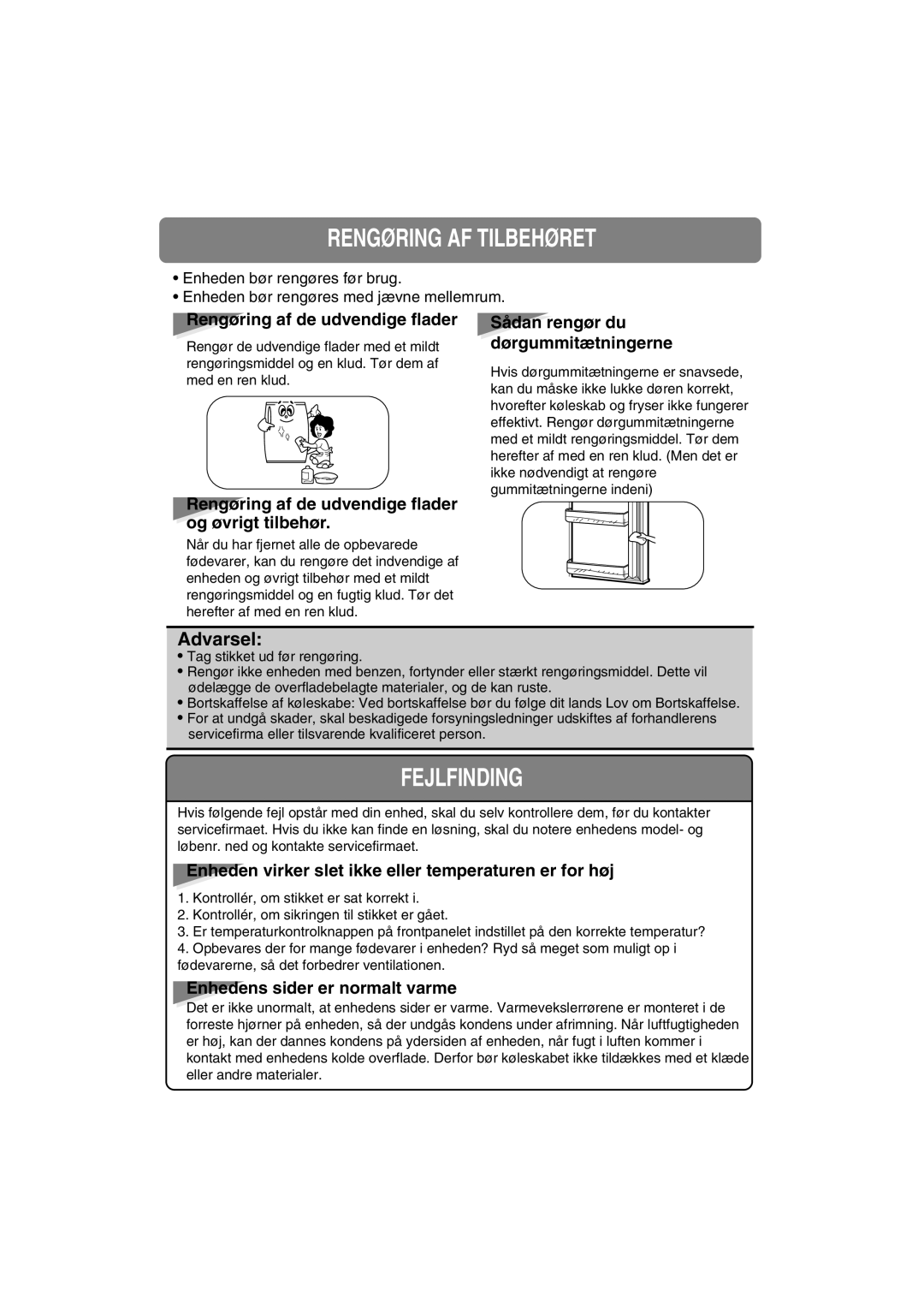 Samsung RA20FHSW1/XEE, RA20FHSS1/XEE manual Rengøring AF Tilbehøret, Fejlfinding 