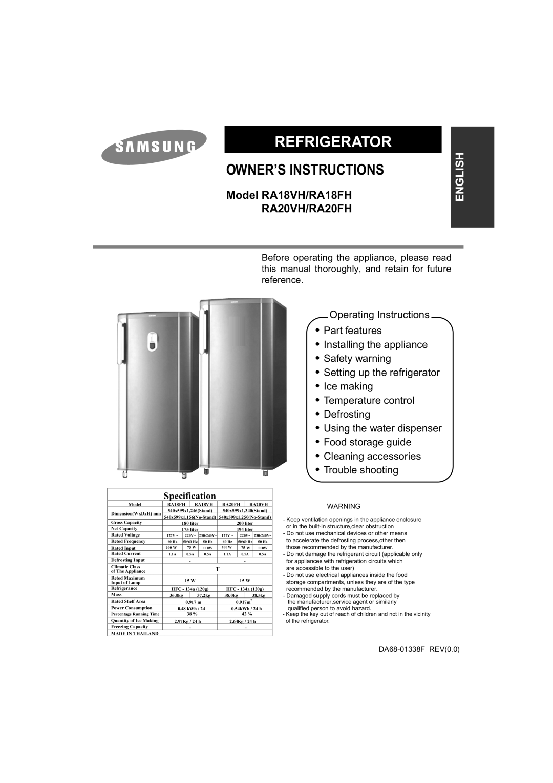Samsung RA18FH manual Operating Instructions Part features Installing the appliance, Refrigerator Owner’S Instructions 
