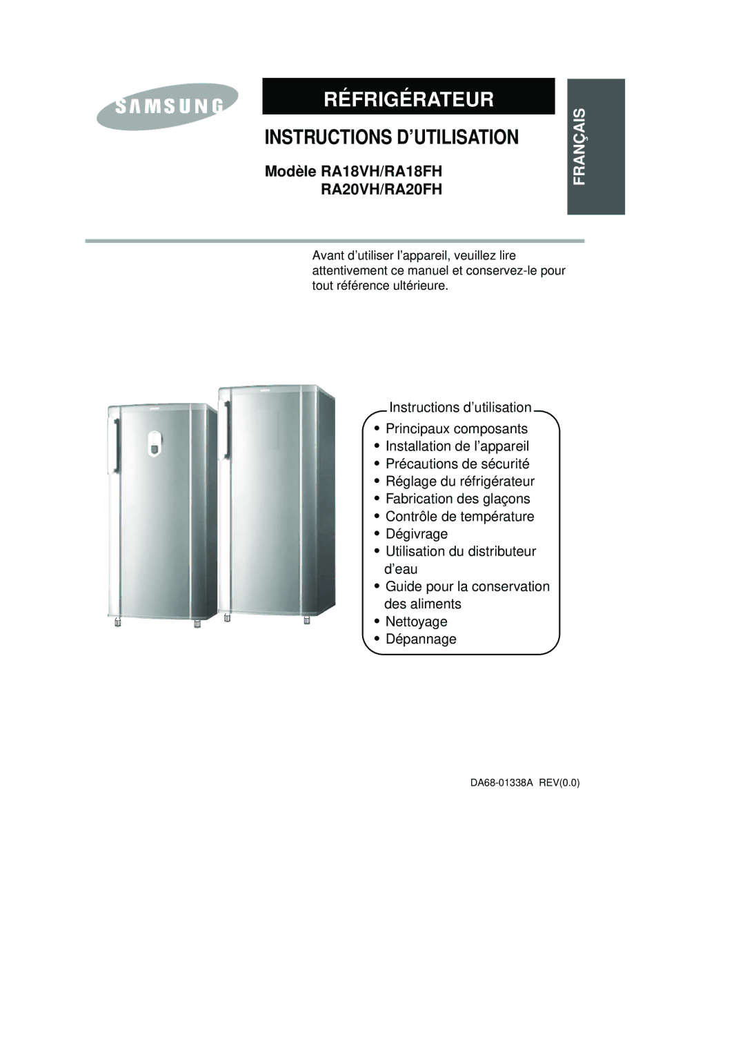 Samsung RA20VHSS1/CAF, RA20VHSS1/SAM manual Réfrigérateur, Modèle RA18VH/RA18FH 