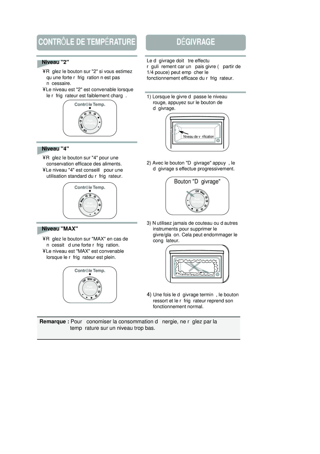 Samsung RA20VHSS1/CAF, RA20VHSS1/SAM manual Contrôle DE Température, Dégivrage, Niveau MAX 