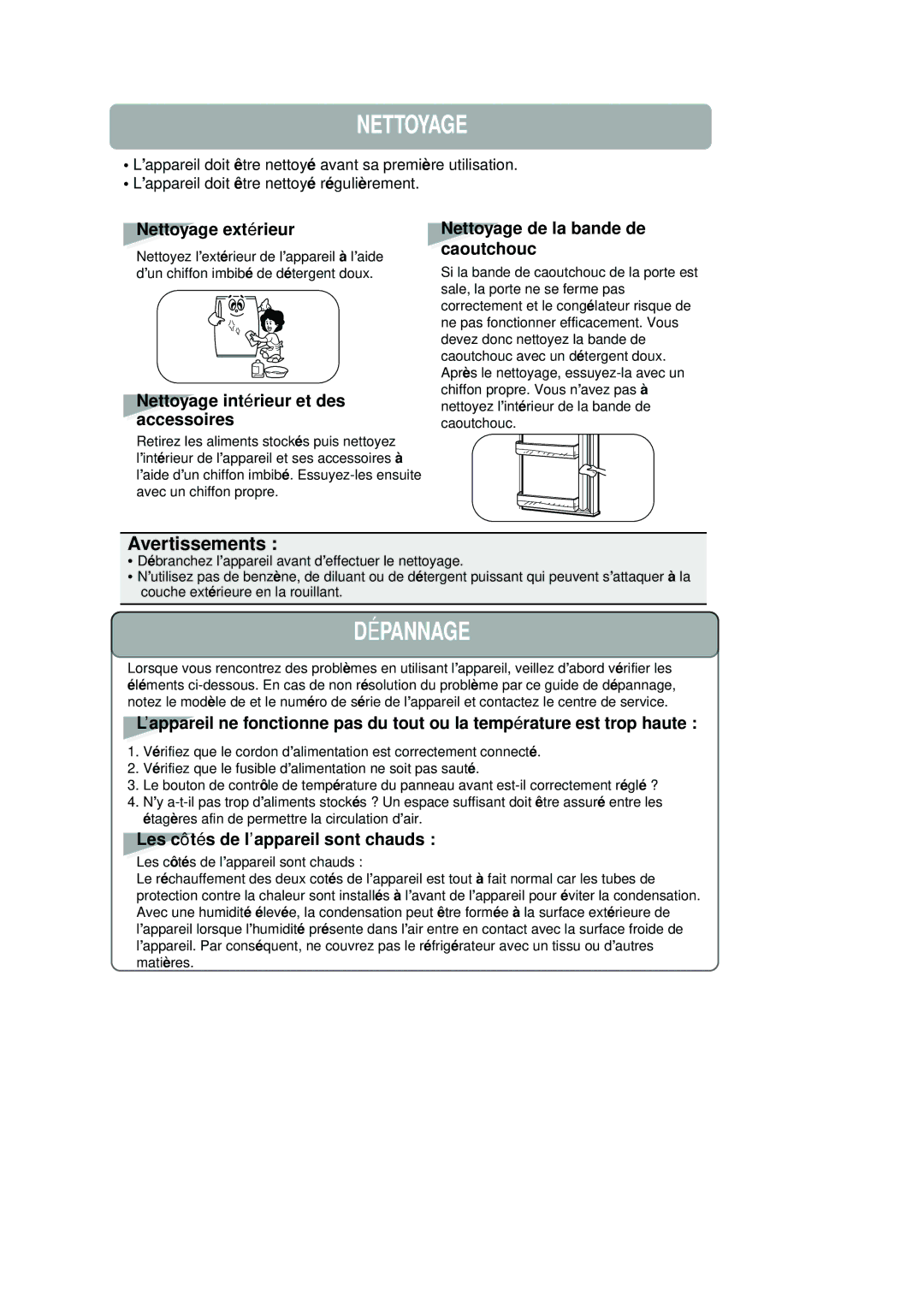 Samsung RA20VHSS1/SAM, RA20VHSS1/CAF manual Nettoyage, Dépannage, Avertissements 