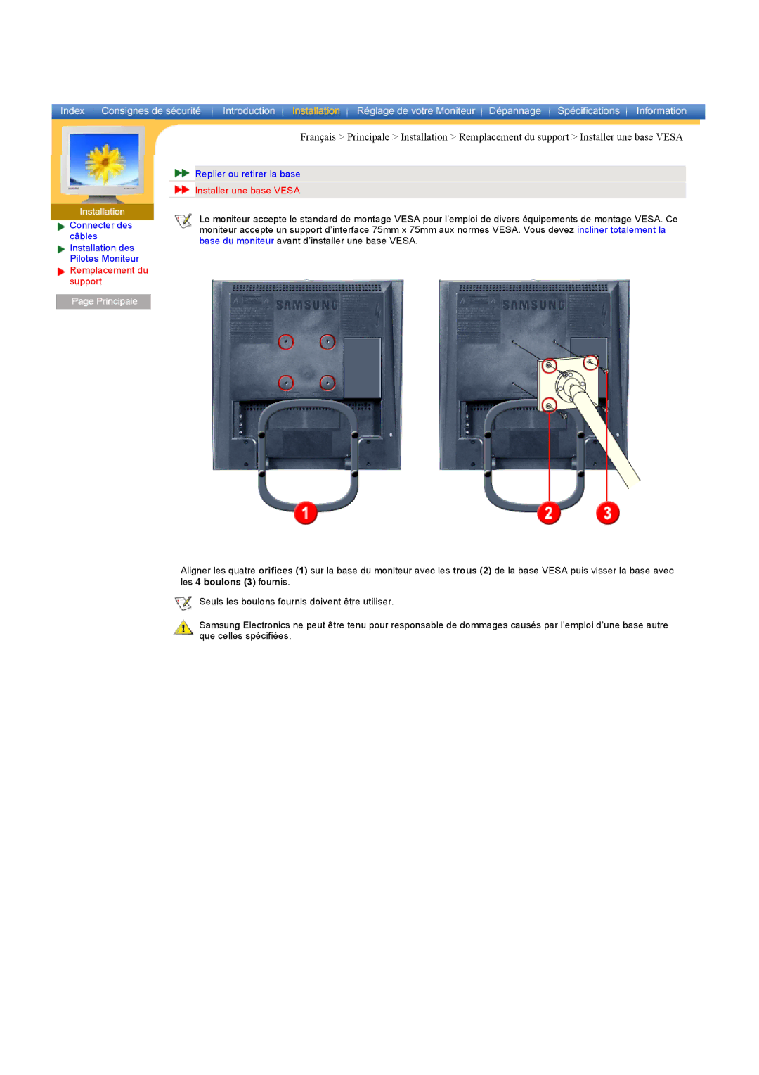 Samsung RB17ASSST/EDC, RB17ASSS/EDC, RB15ASSS/EDC, RB15ASSST/EDC manual Installer une base Vesa 
